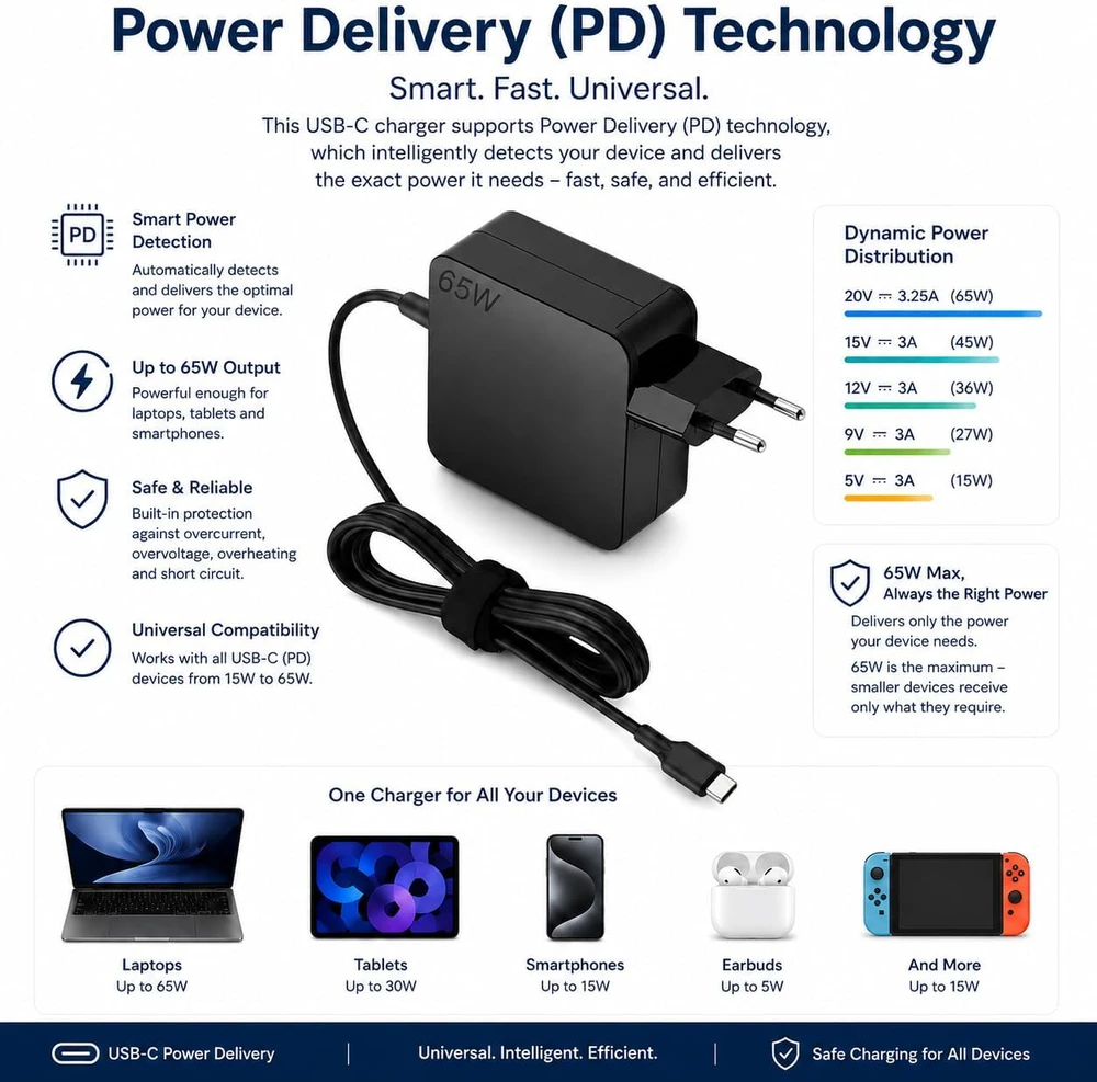 Universalus USB-C kroviklis nešiojamiesiems kompiuteriams, 65 W, Power Delivery, 1,75 m kabelis