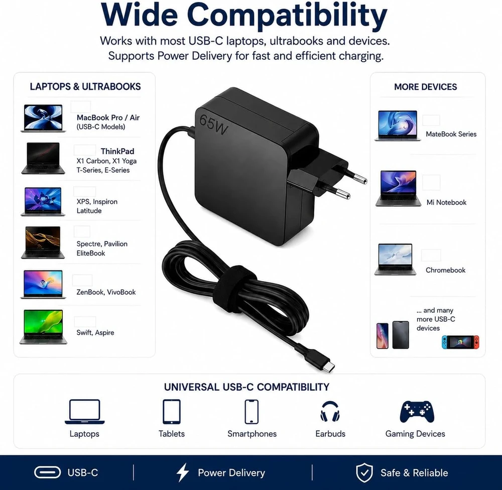 Universalus USB-C kroviklis nešiojamiesiems kompiuteriams, 65 W, Power Delivery, 1,75 m kabelis