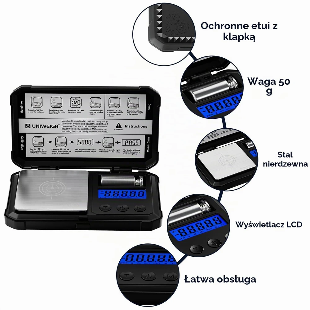 UNIWEIGH miligraminės svarstyklės 50 g, 0,001 g tikslumas, LCD ekranas, UNI-1834-BL50