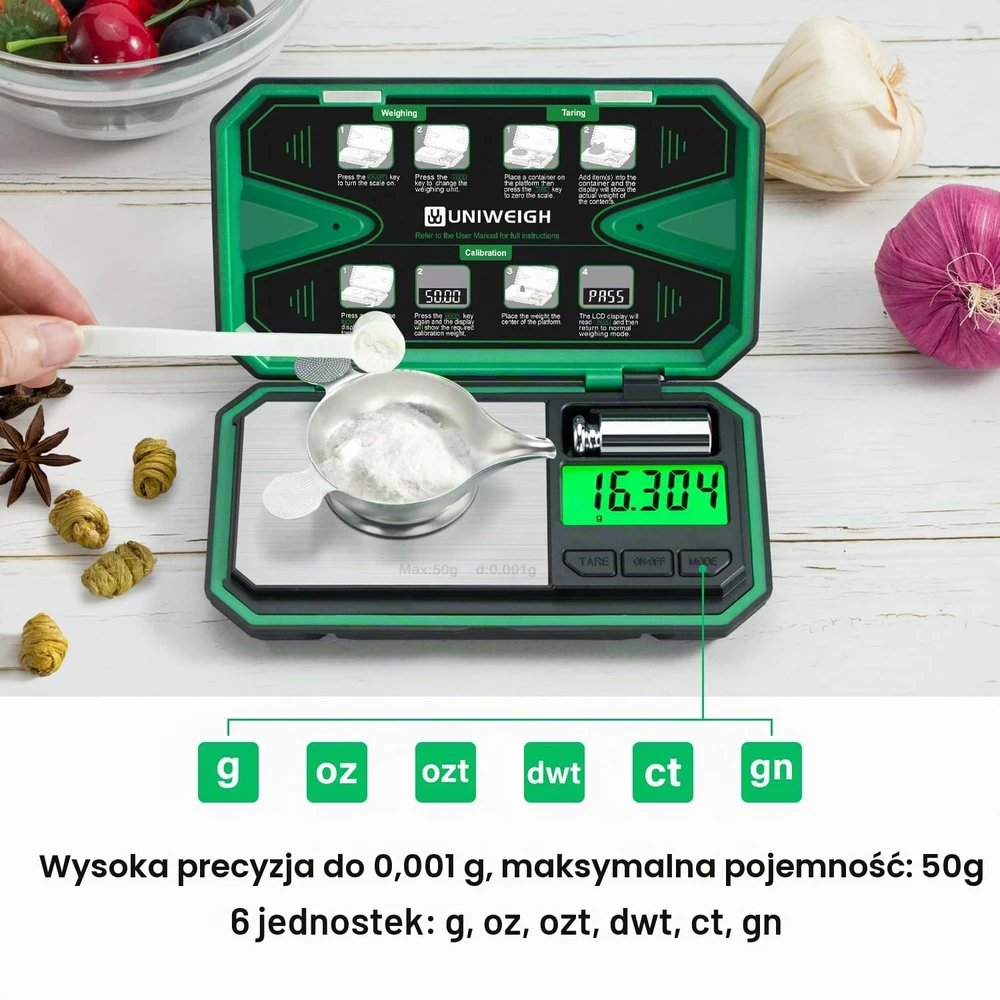 UNIWEIGH miligraminės svarstyklės 50 g, 0,001 g tikslumo su LCD ekranu UNI-P-50