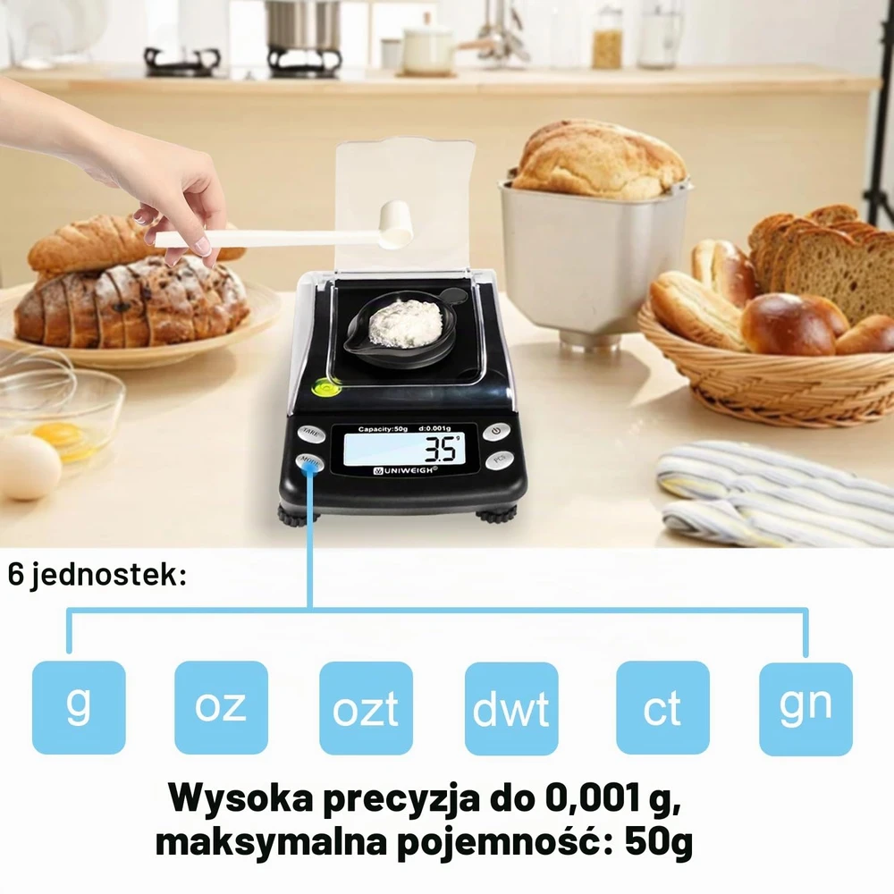 UNIWEIGH skaitmeninės miligraminės svarstyklės 50 g, 0,001 g tikslumas, UNI-TR-50-001-BK