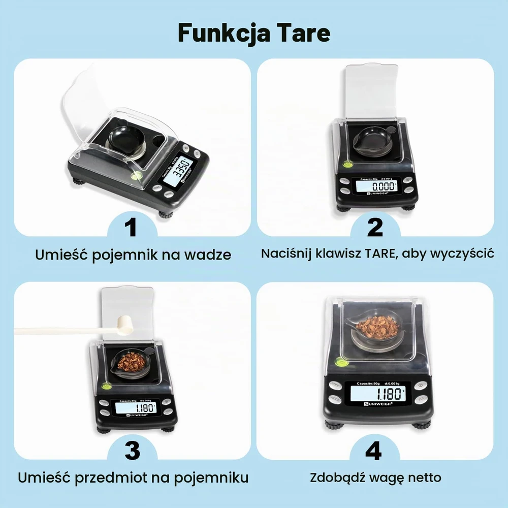 UNIWEIGH skaitmeninės miligraminės svarstyklės 50 g, 0,001 g tikslumas, UNI-TR-50-001-BK