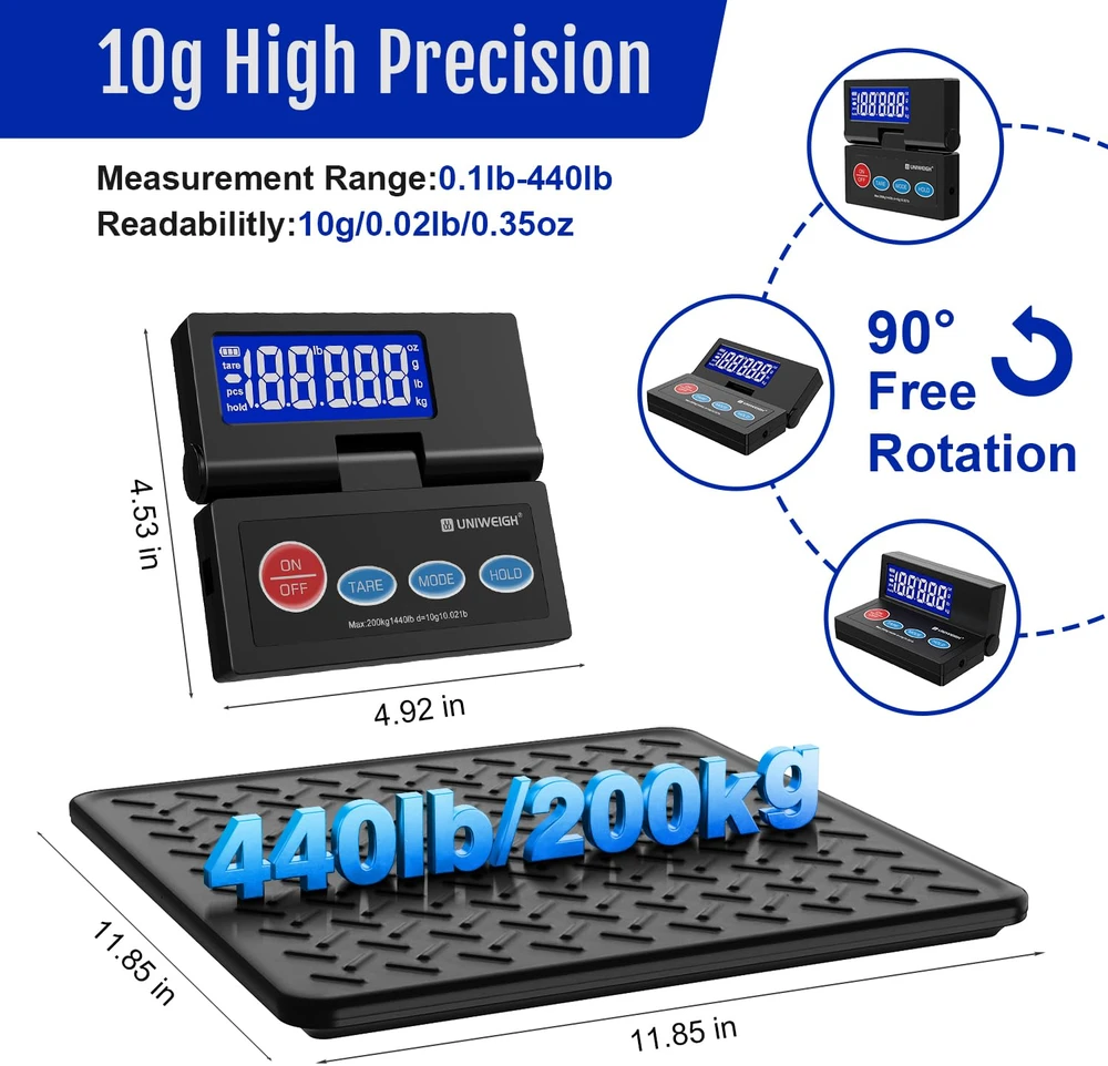 UNIWEIGH skaitmeninės siuntų svarstyklės iki 200 kg, 10 g tikslumo, su LCD ekranu UNI-PS4B-PRO-WI