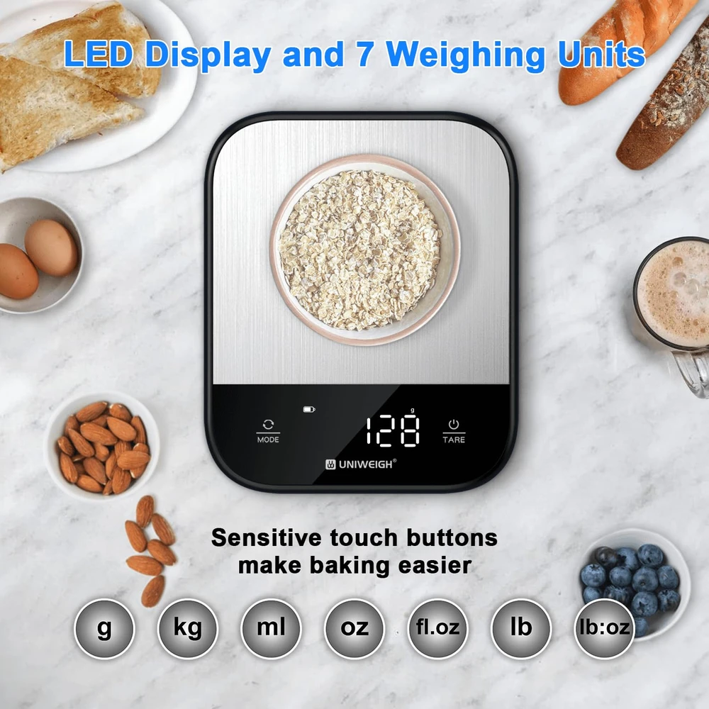 UNIWEIGH skaitmeninės virtuvinės svarstyklės su LED ekranu, 5kg, UNI-K2018