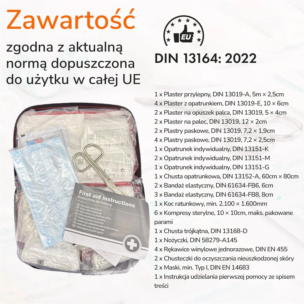 Upgrade4cars automobilinė pirmosios pagalbos vaistinėlė pagal DIN 13164:2022, 42 dalių, EH2