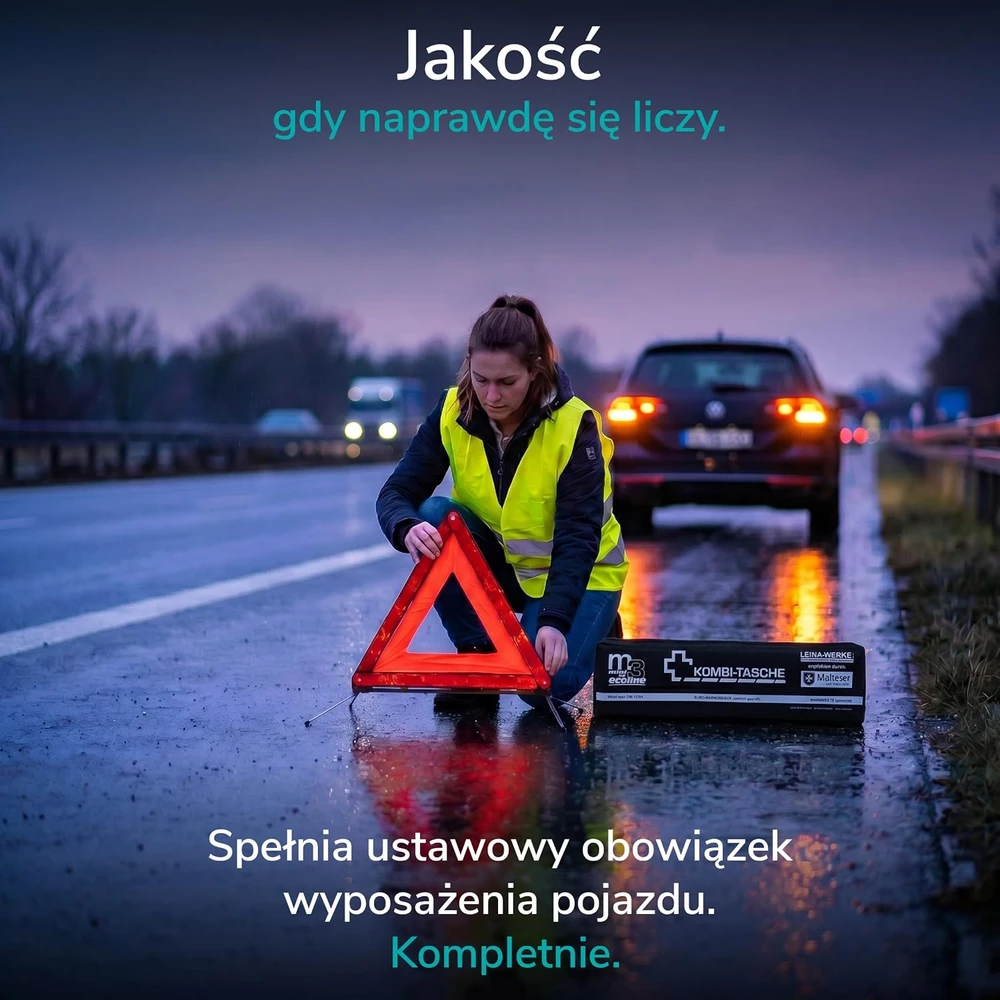 Upgrade4cars automobilinis pirmosios pagalbos rinkinys su trikampiu ir liemene DIN 13164:2022 EH7