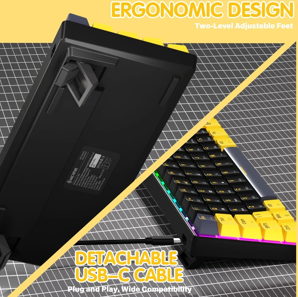 UrChoiceLtd mechaninė žaidimų klaviatūra 60%, 61 mygtukas, UK išdėstymas, RGB, Hot-swap, raudoni jungikliai MK21