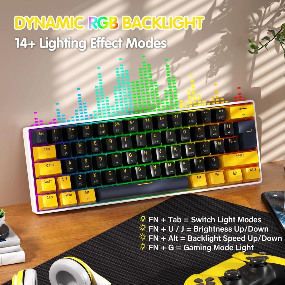 UrChoiceLtd mechaninė žaidimų klaviatūra 60%, 61 mygtukas, UK išdėstymas, RGB, Hot-swap, raudoni jungikliai MK21