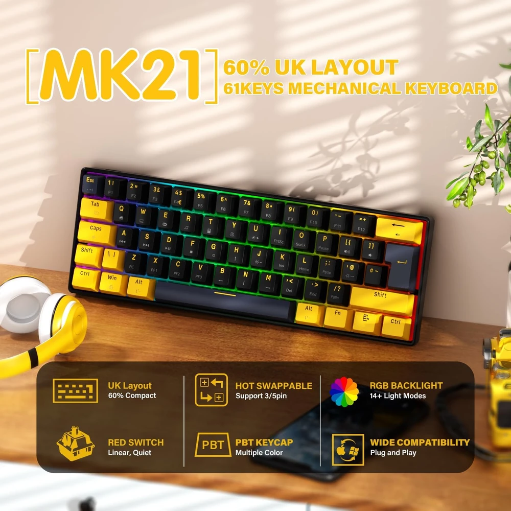 UrChoiceLtd mechaninė žaidimų klaviatūra 60%, 61 mygtukas, UK išdėstymas, RGB, Hot-swap, raudoni jungikliai MK21