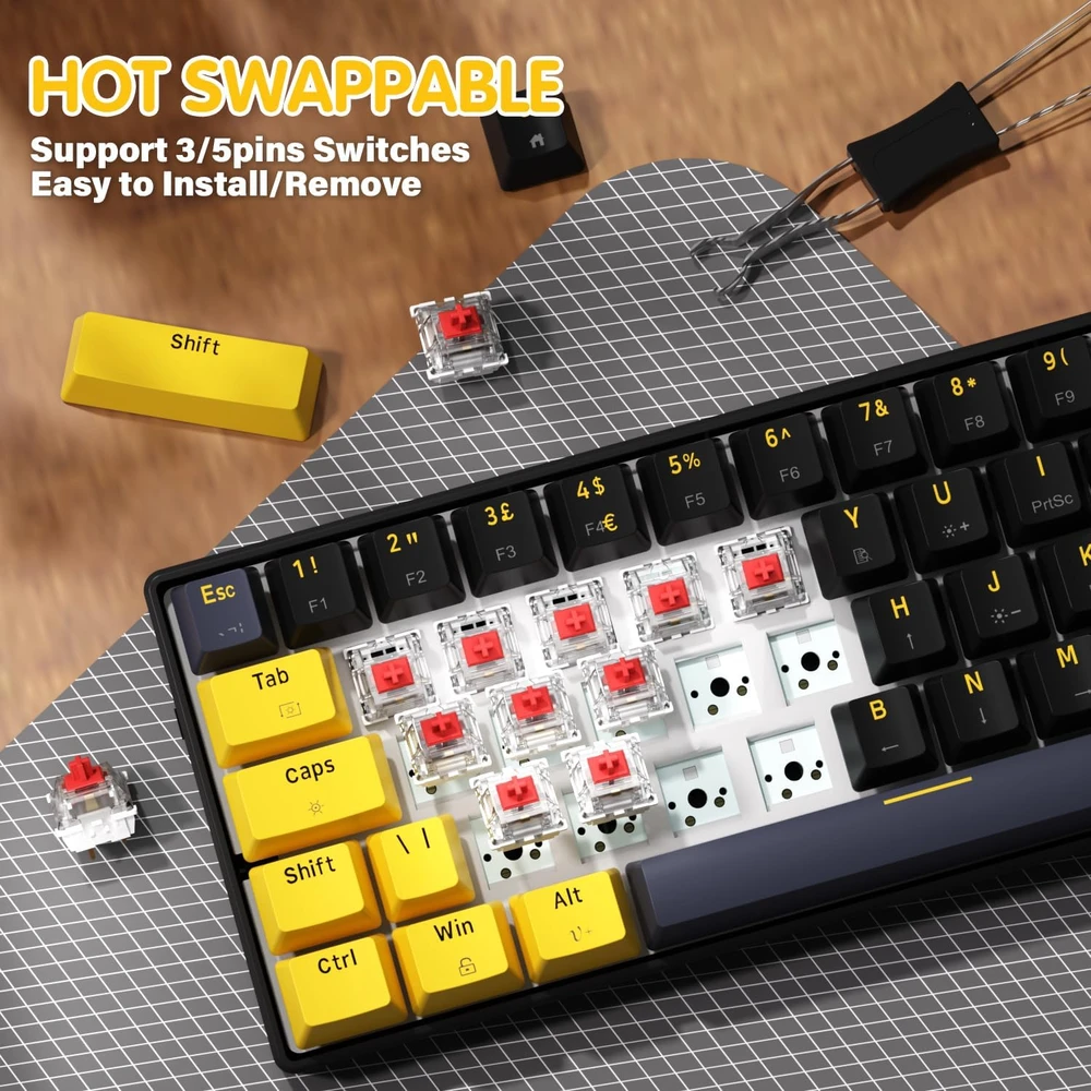 UrChoiceLtd mechaninė žaidimų klaviatūra 60%, 61 mygtukas, UK išdėstymas, RGB, Hot-swap, raudoni jungikliai MK21