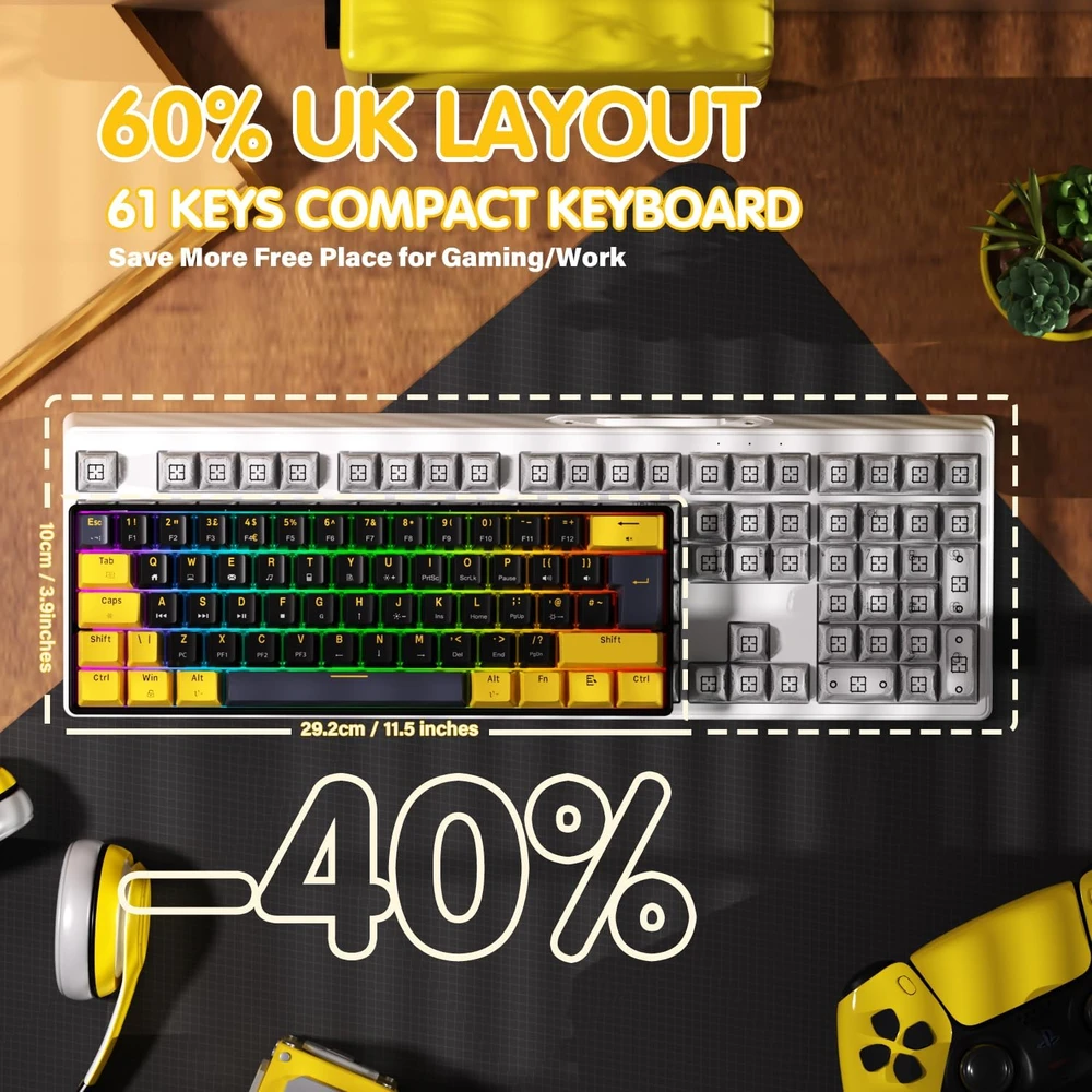 UrChoiceLtd mechaninė žaidimų klaviatūra 60%, 61 mygtukas, UK išdėstymas, RGB, Hot-swap, raudoni jungikliai MK21