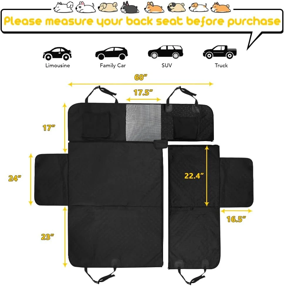 Vailge vandeniui atsparus automobilių galinės sėdynės užtiesalas 6 viename su skyrimo užtrauktukais ir tinkleliu šunims, 152x164 cm, juodas