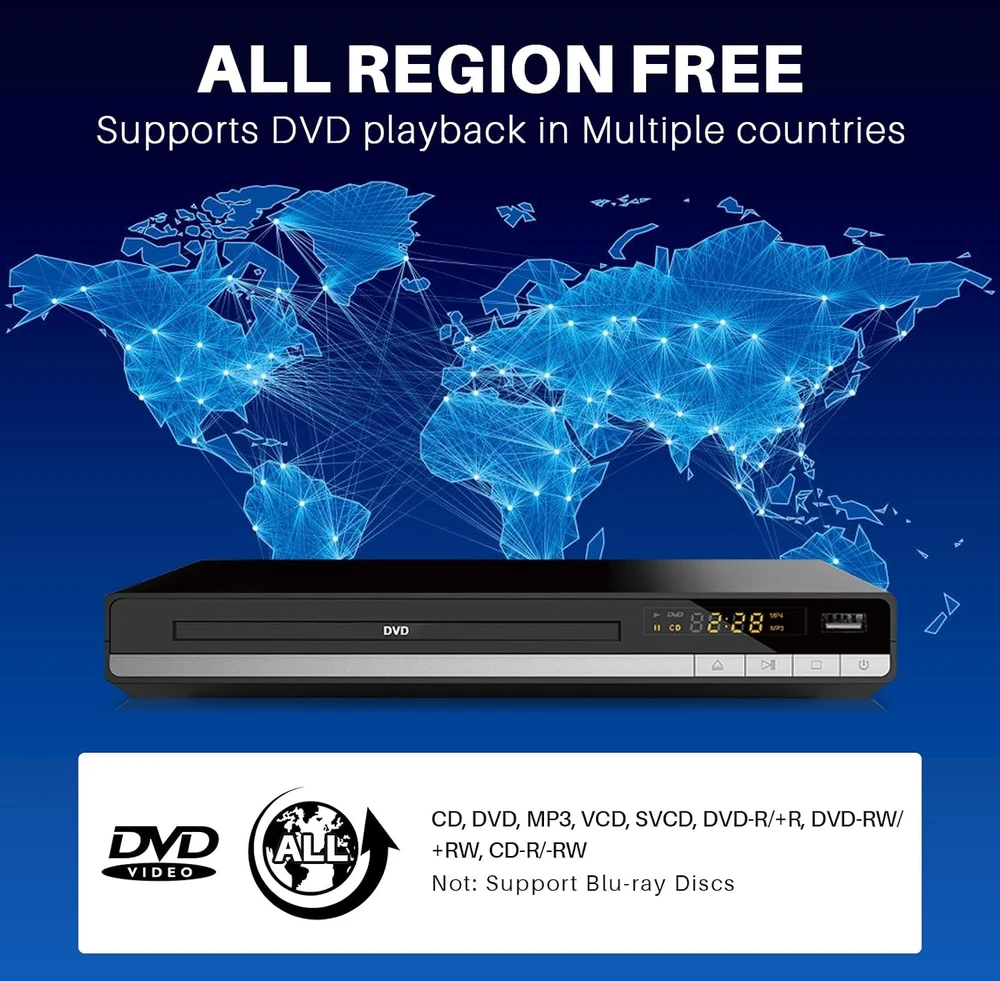Vaizdo grotuvas OKYUK DVD grotuvas be regioninių apribojimų su HDMI, RCA ir 1080p raiška