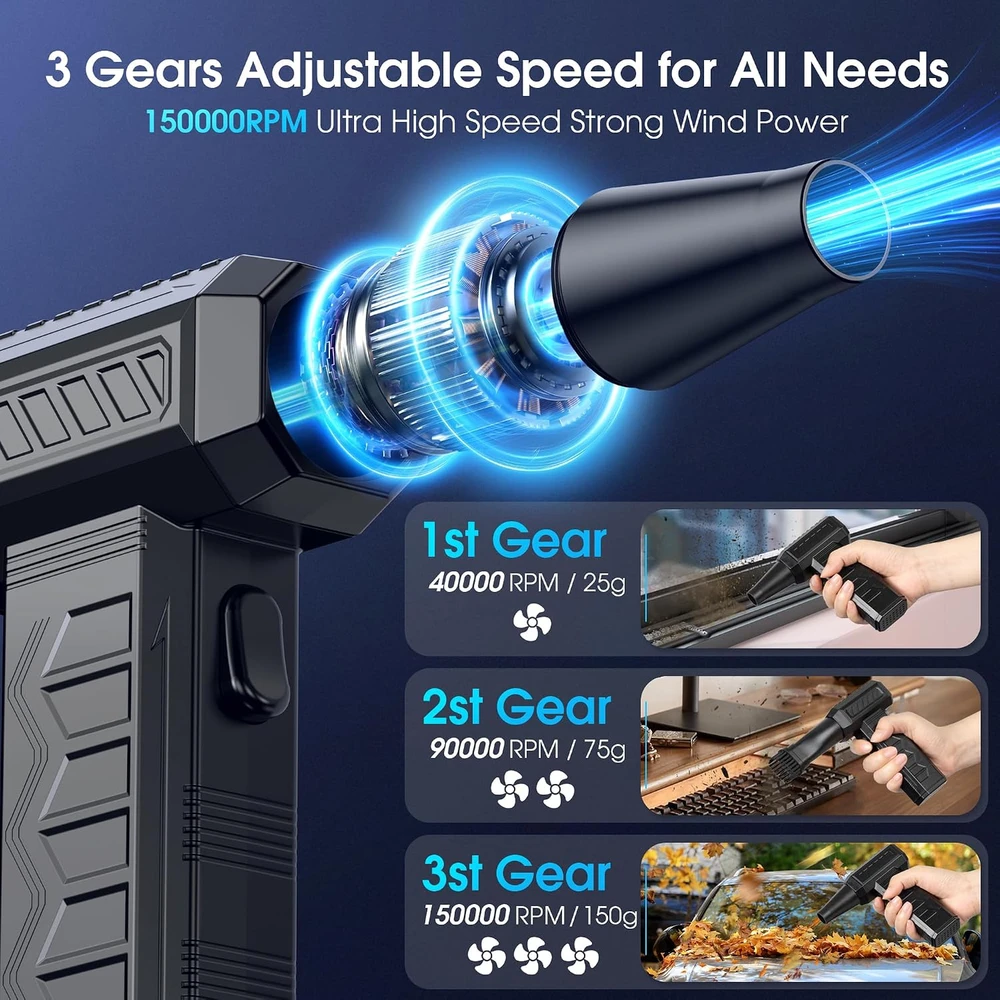 Valiklis BKXCHA elektrinė dulkių pūstuvė su LED žibintuvėliu, 150000 aps./min., 6000 mAh, C2