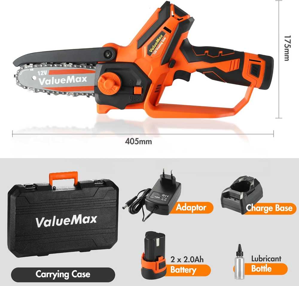 ValueMax mini akumuliatorinis grandininis pjūklas, 12 V, 2 x 2 Ah, 10 cm juosta, V126026