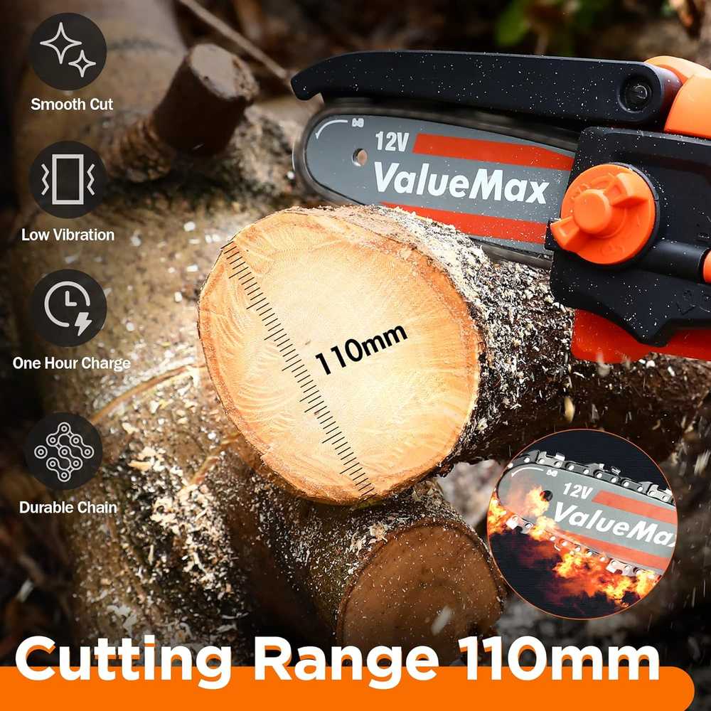 ValueMax mini akumuliatorinis grandininis pjūklas, 12 V, 2 x 2 Ah, 10 cm juosta, V126026