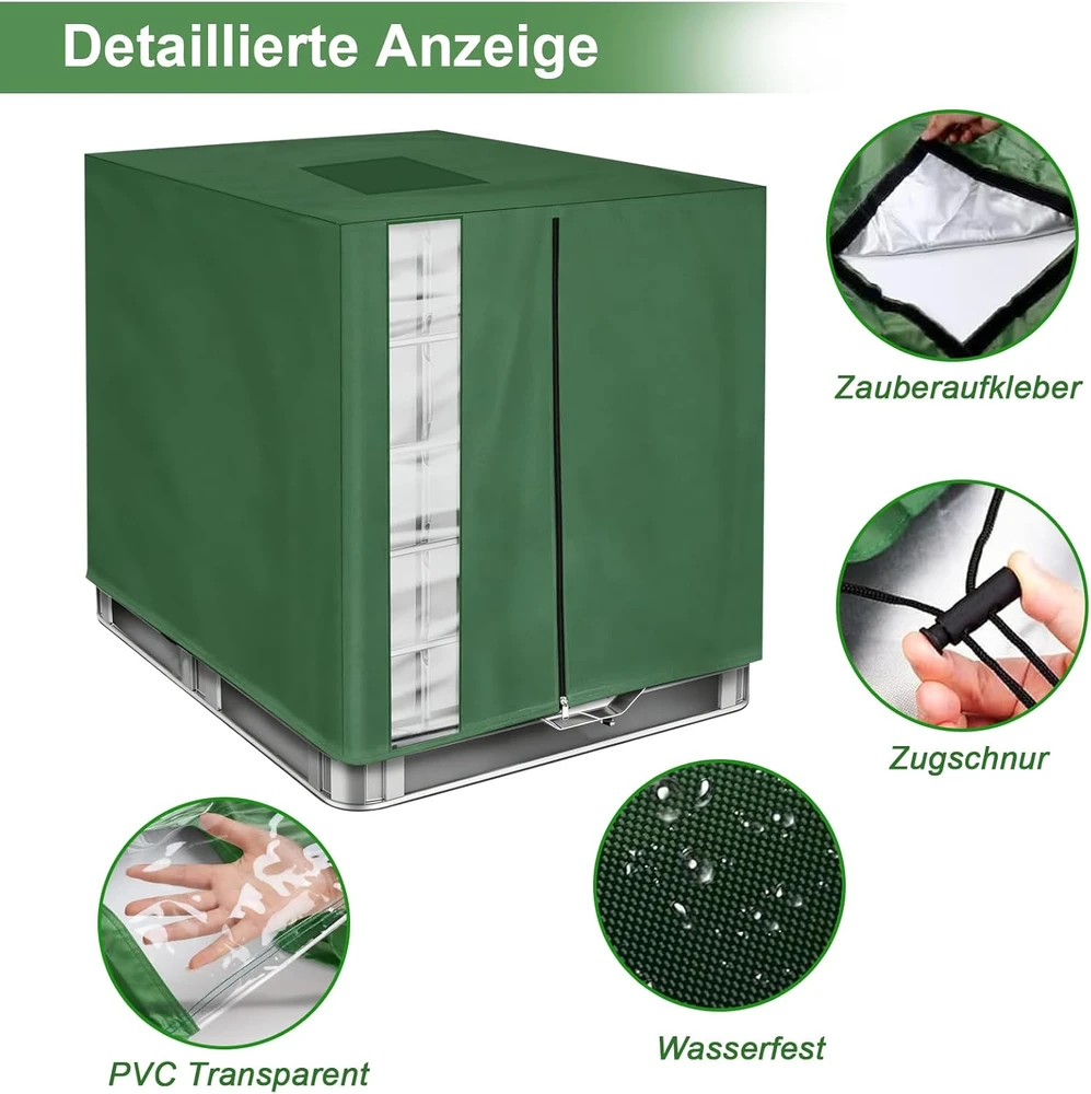 Vandens talpos IBC dėklas 420D Oxford su UV apsauga ir langeliu, 1000 l, žalias, 120 x 100 x 116 cm