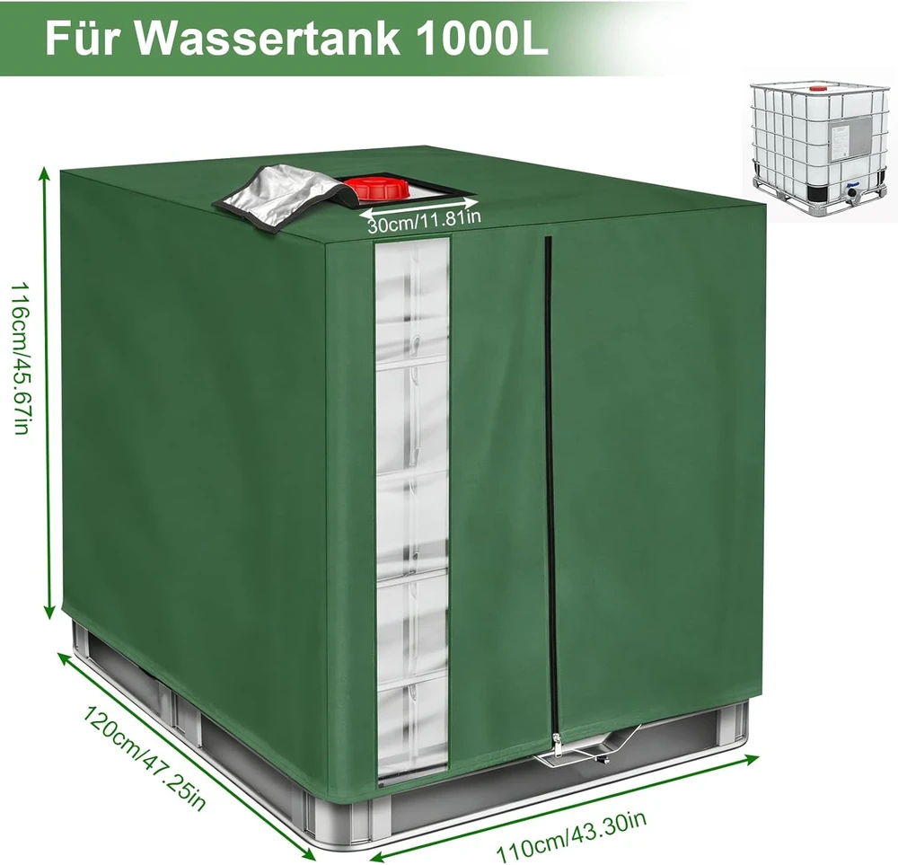 Vandens talpos IBC dėklas 420D Oxford su UV apsauga ir langeliu, 1000 l, žalias, 120 x 100 x 116 cm