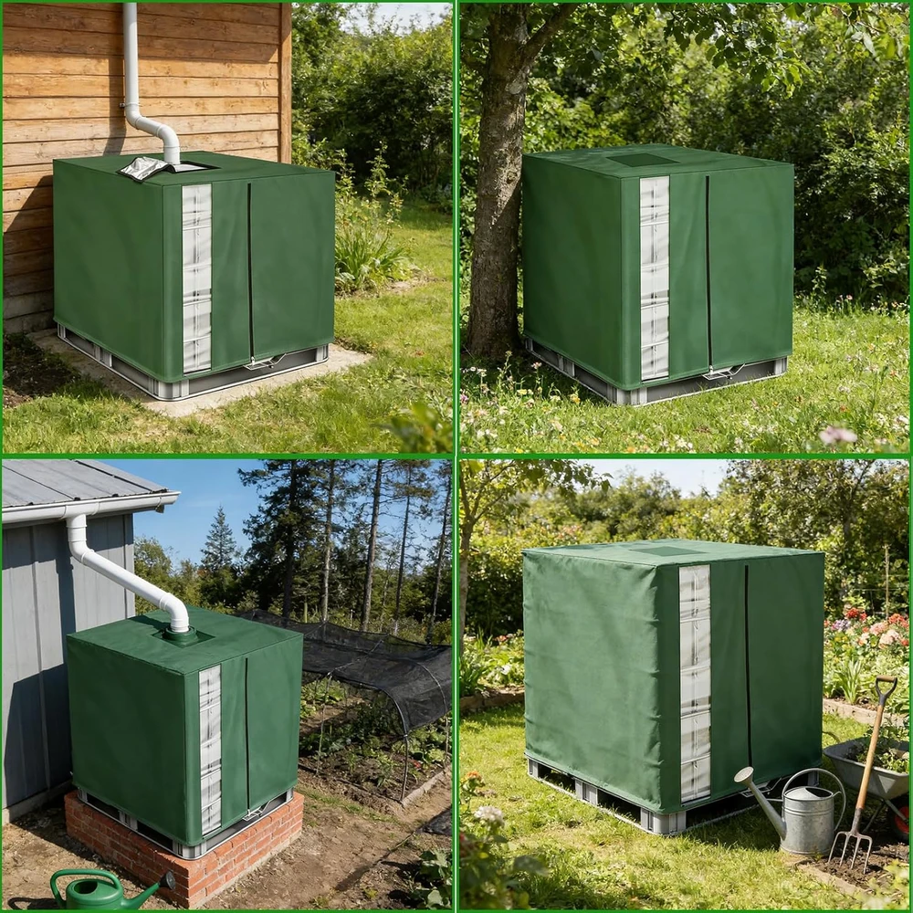 Vandens talpos IBC dėklas 420D Oxford su UV apsauga ir langeliu, 1000 l, žalias, 120 x 100 x 116 cm