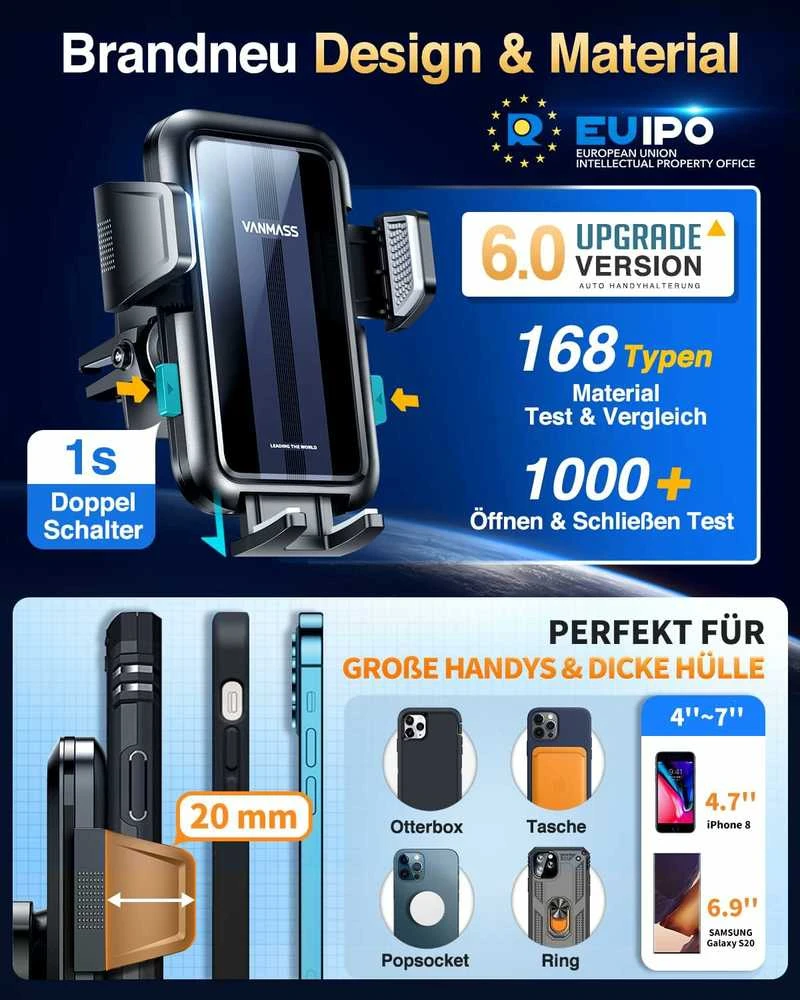VANMASS automobilinis telefono laikiklis 3-in-1 su siurbtuku ir grotelių tvirtinimu, CTVK61