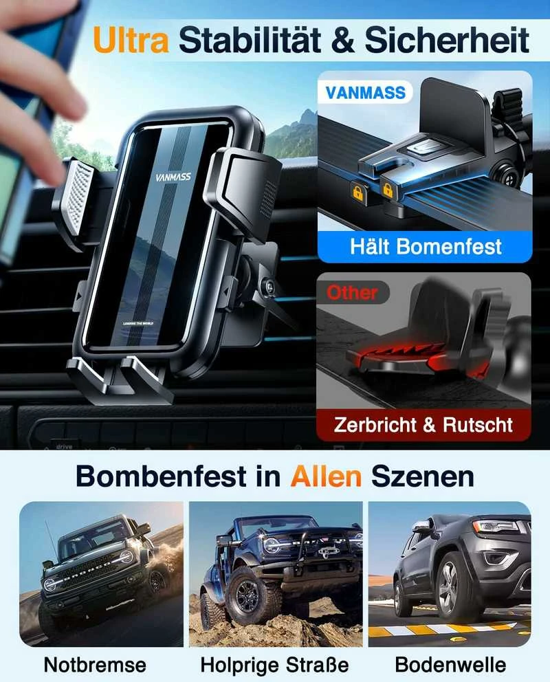 VANMASS automobilinis telefono laikiklis 3-in-1 su siurbtuku ir grotelių tvirtinimu, CTVK61