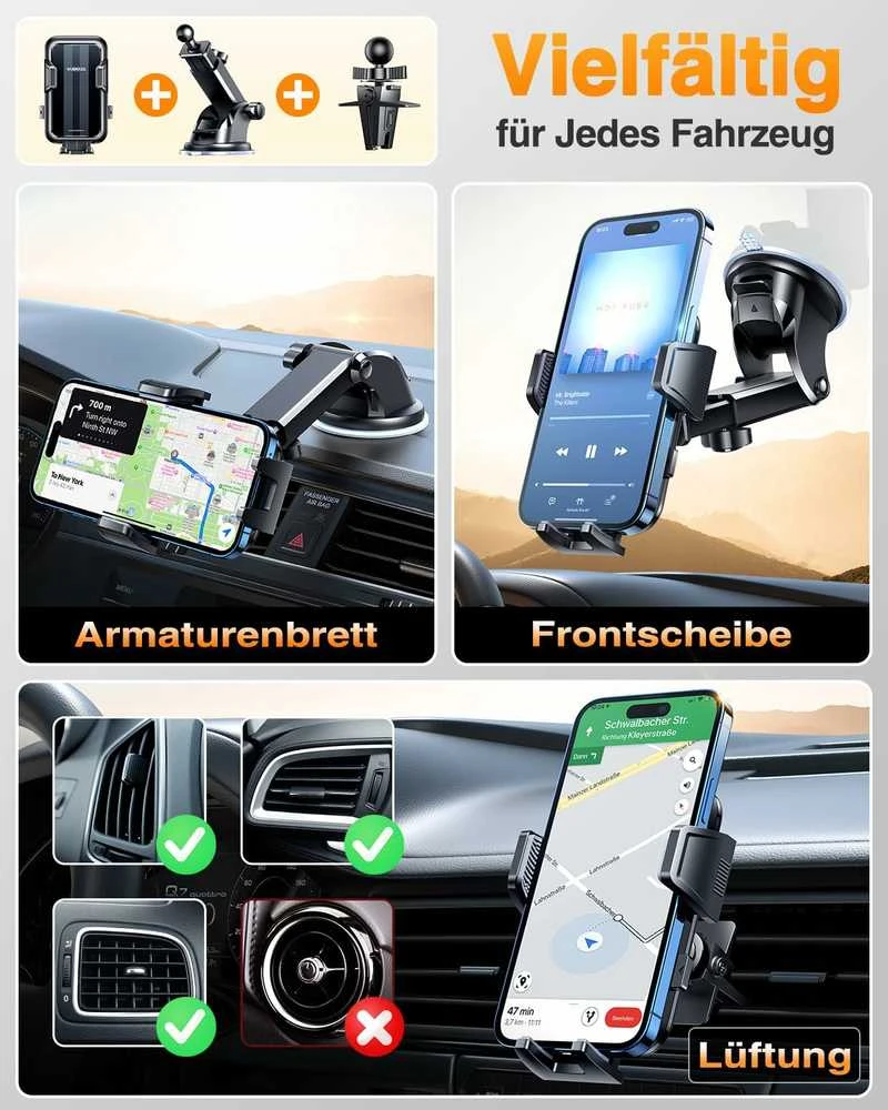 VANMASS automobilinis telefono laikiklis 3-in-1 su siurbtuku ir grotelių tvirtinimu, CTVK61