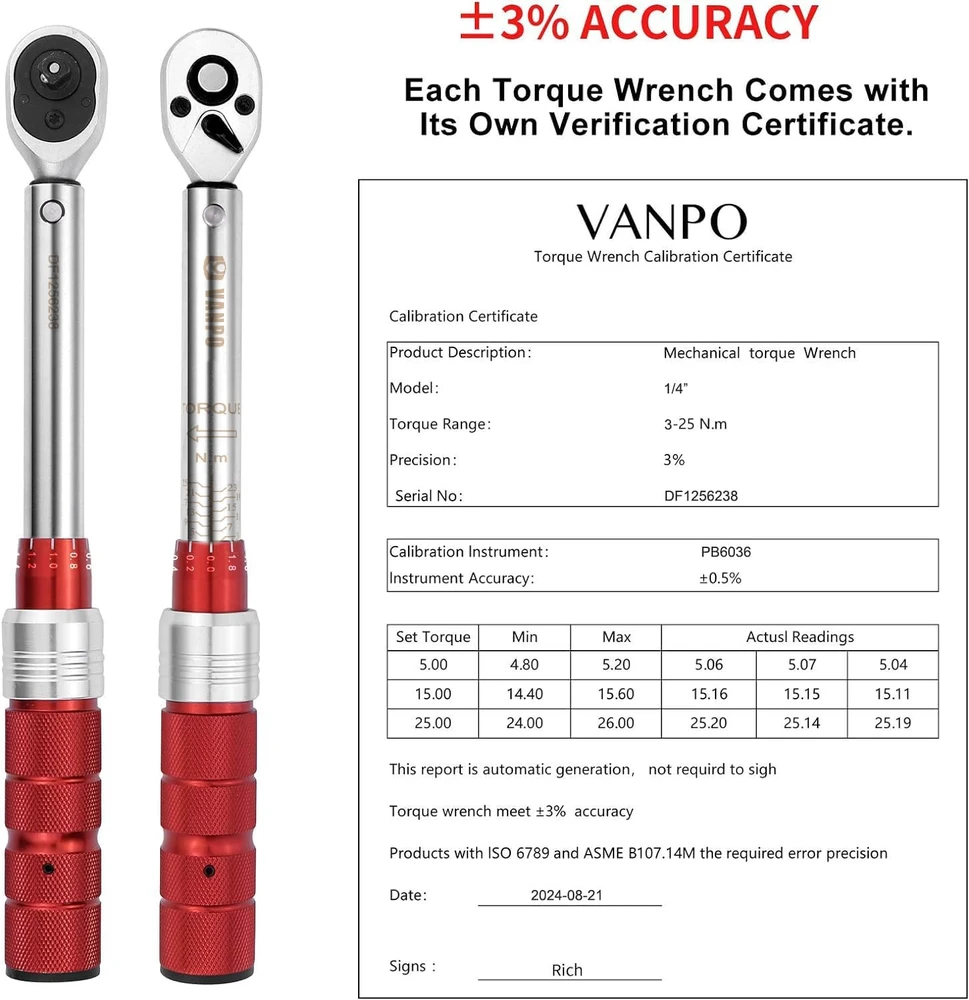 VANPO dinamometrinis raktas 1/4 col., 5–25 Nm, 72 dantų galvutė VP002