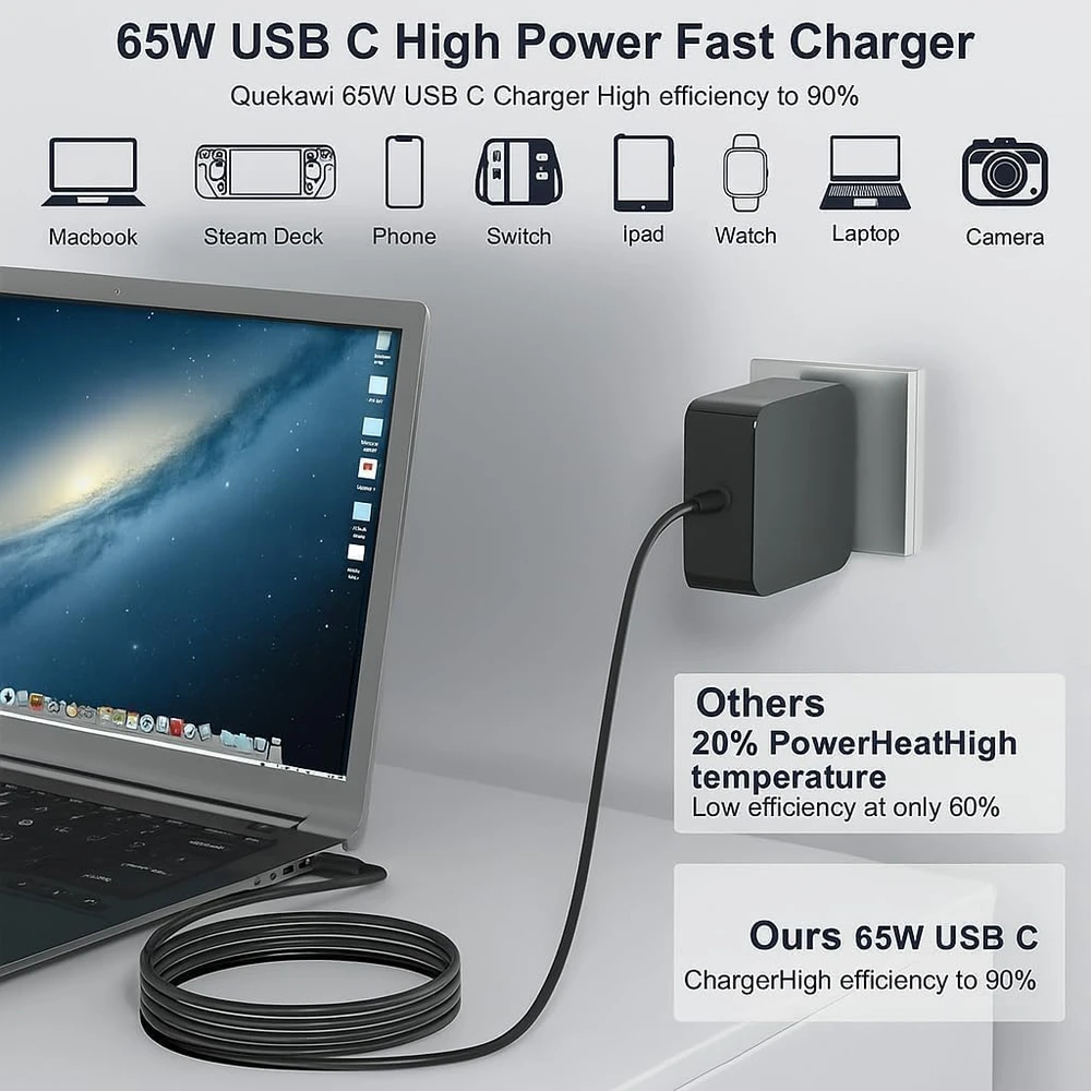 Vanzflow 65 W USB-C įkroviklis su USB Type-C jungtimi, tinkamas žaidimų konsolėms ir nešiojamiesiems įrenginiams