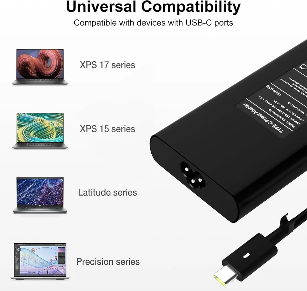 Vanzflow nešiojamojo kompiuterio USB-C įkroviklis 130 W, 20 V 6,5 A, suderinamas su Dell, USB-C jungtis