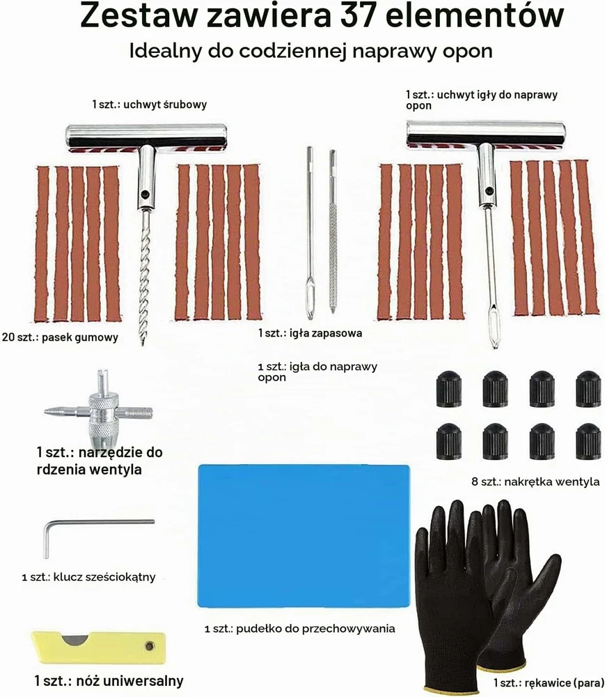 various bekamerių padangų remonto rinkinys, 37 dalys, 20084
