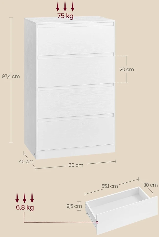 VASAGLE 4 stalčių komoda be rankenėlių, 60,2 × 40,4 × 97,4 cm, LTS614WE02
