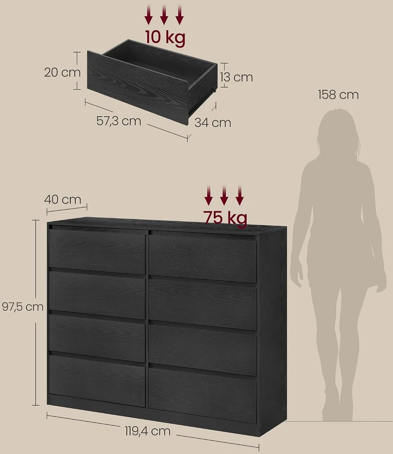 VASAGLE 8 stalčių komoda iš medžio drožlių plokštės ir MDF, 119,4 × 40 × 97,5 cm, LTS618BE01