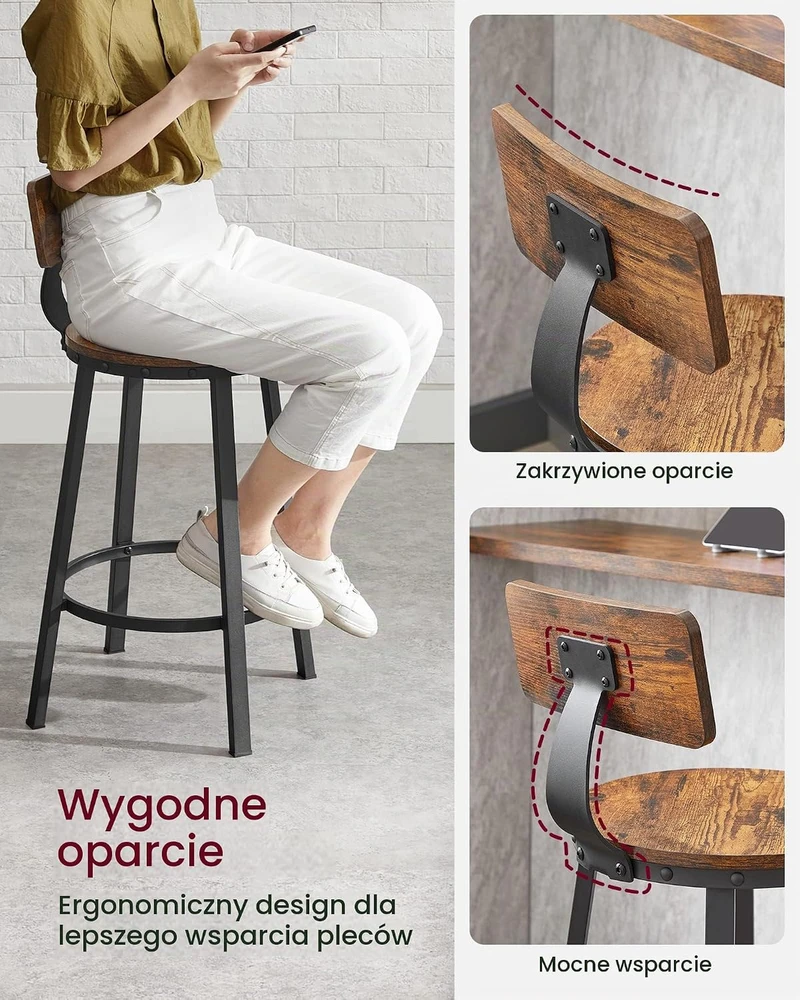 VASAGLE baro kėdės, 2 vnt., 62,5 cm sėdynės aukščio, industrinio stiliaus LBC076B01