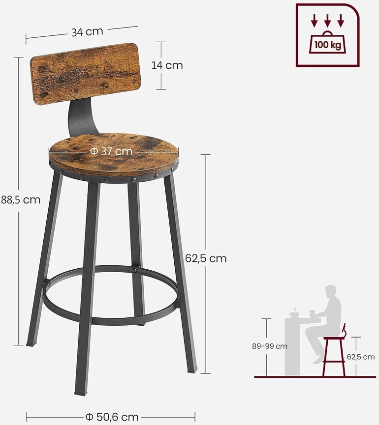 VASAGLE baro kėdės, 2 vnt., 62,5 cm sėdynės aukščio, industrinio stiliaus LBC076B01