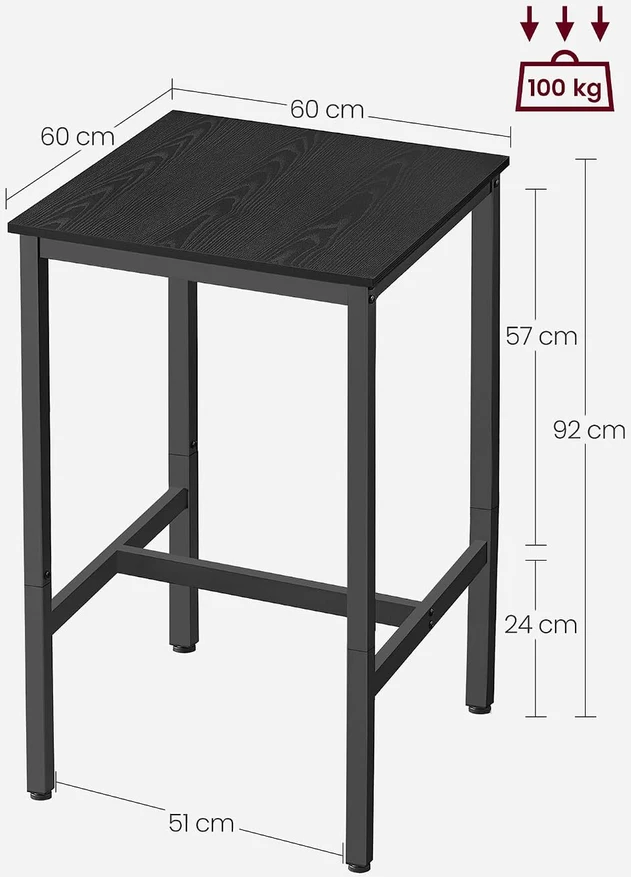 Vasagle Baro stalas su plieniniu rėmu 60 x 60 x 92 cm juodalksnio juodos-juodos spalvos