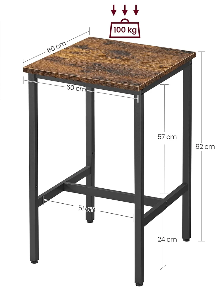 VASAGLE baro stalas, kvadratinis, plieno rėmas, 60x60x92 cm, industrinis, rudas ir juodas, LBT25X