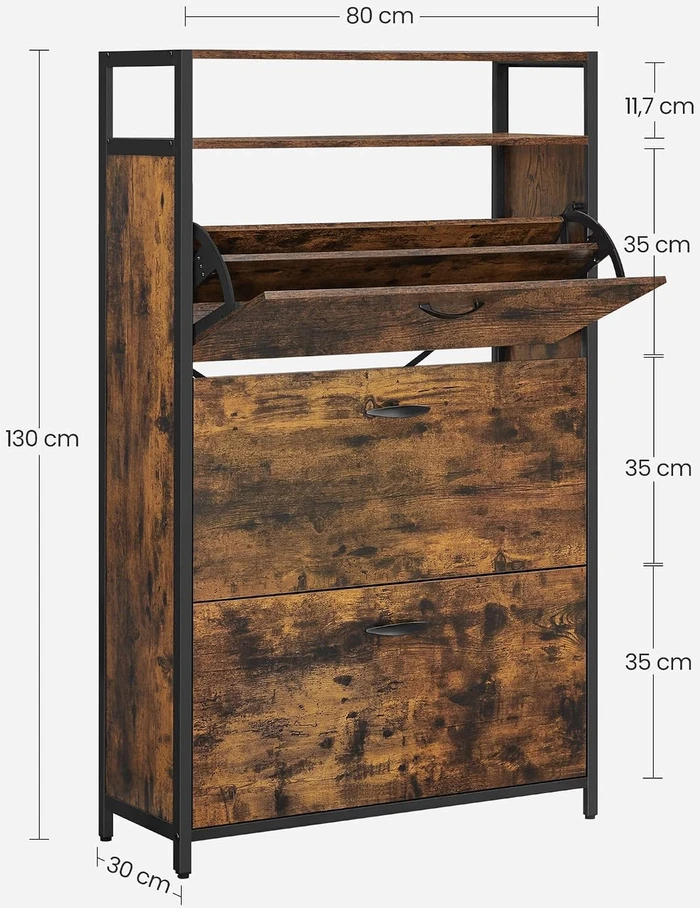 VASAGLE batų spintelė su 3 atverčiamais skyriais 15–24 poroms, 80 × 30 × 130 cm LBS802B01