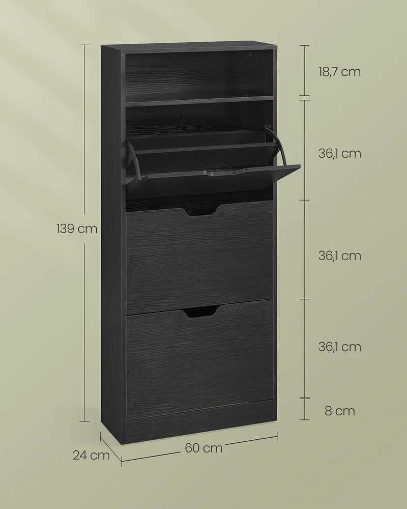 Vasagle Batų spintelė 3 durelės juoda 24 x 60 x 139 cm