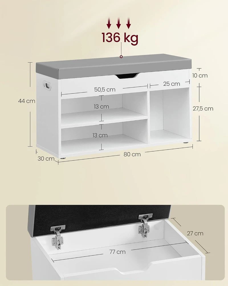 VASAGLE batų suoliukas 80 cm su paminkštinta sėdyne ir 3 skyriais LHS030W01