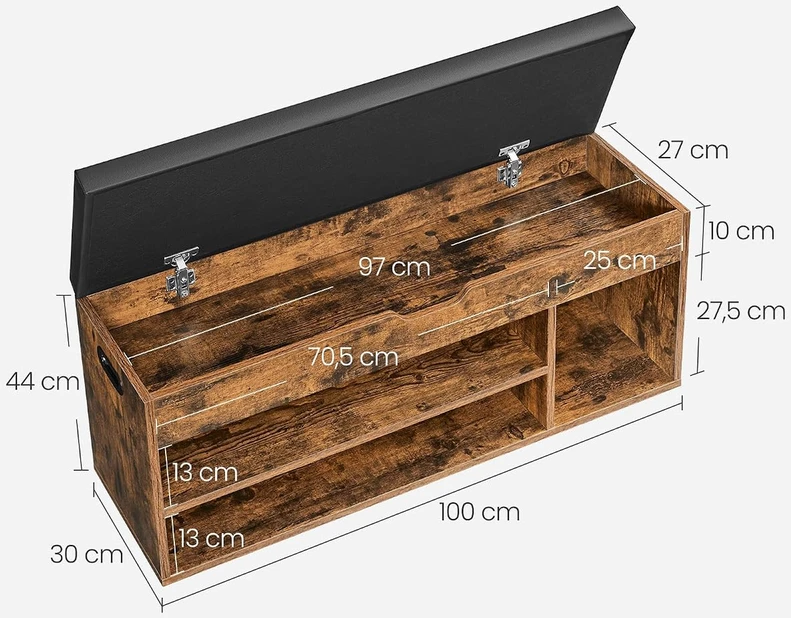 VASAGLE batų suoliukas su daiktadėže, 3 skyriai, 100 × 30 × 44 cm, LHS130B01