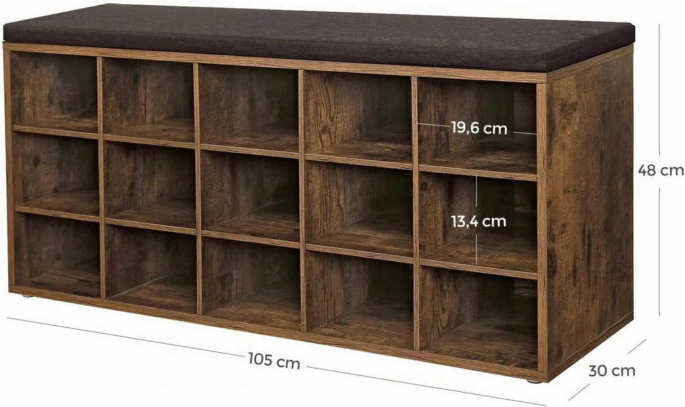 VASAGLE batų suoliukas su pagalvėle, 15 skyrių, 105 × 30 × 48 cm, LHS15BX