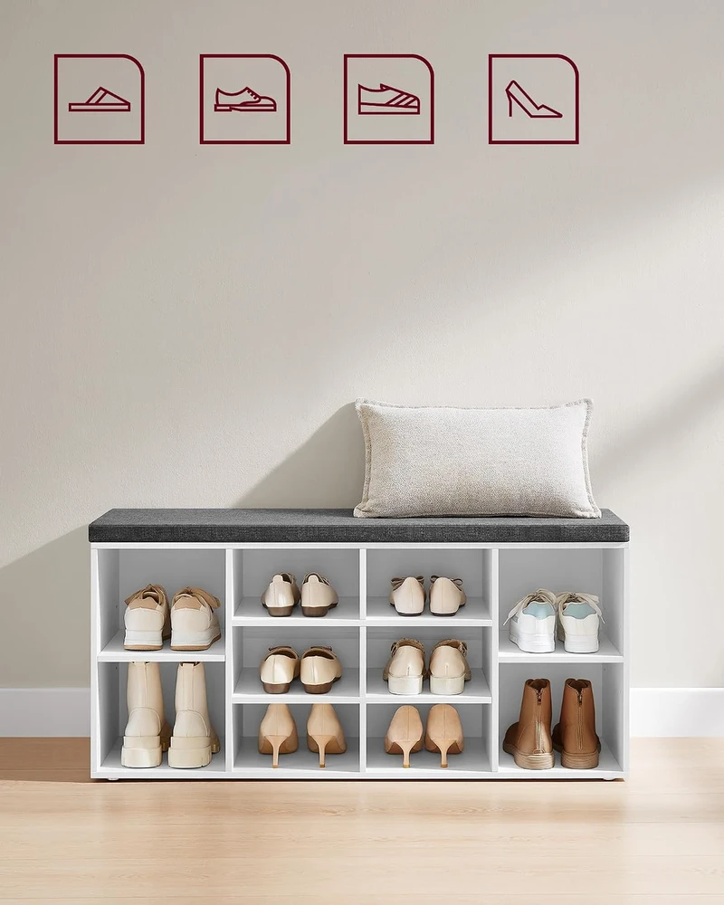 Songmics VASAGLE batų suoliukas su paminkštinta sėdyne, 10 skyrių, 104 × 30 × 48 cm, LHS10WT