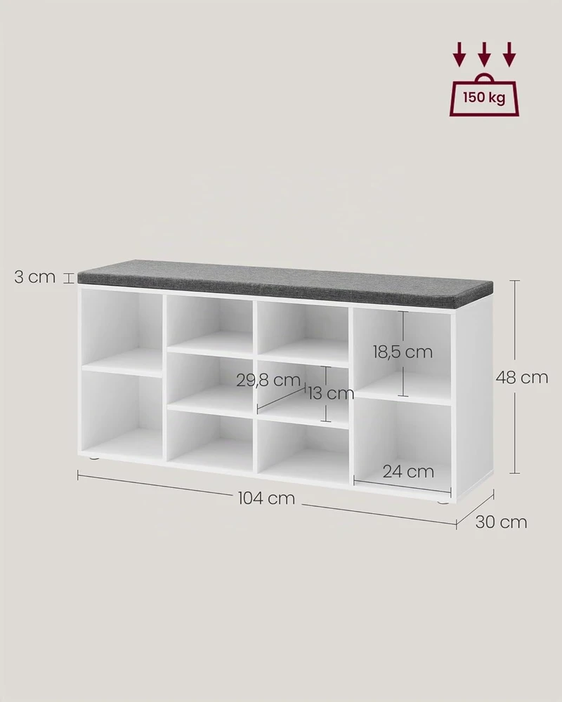 Songmics VASAGLE batų suoliukas su paminkštinta sėdyne, 10 skyrių, 104 × 30 × 48 cm, LHS10WT