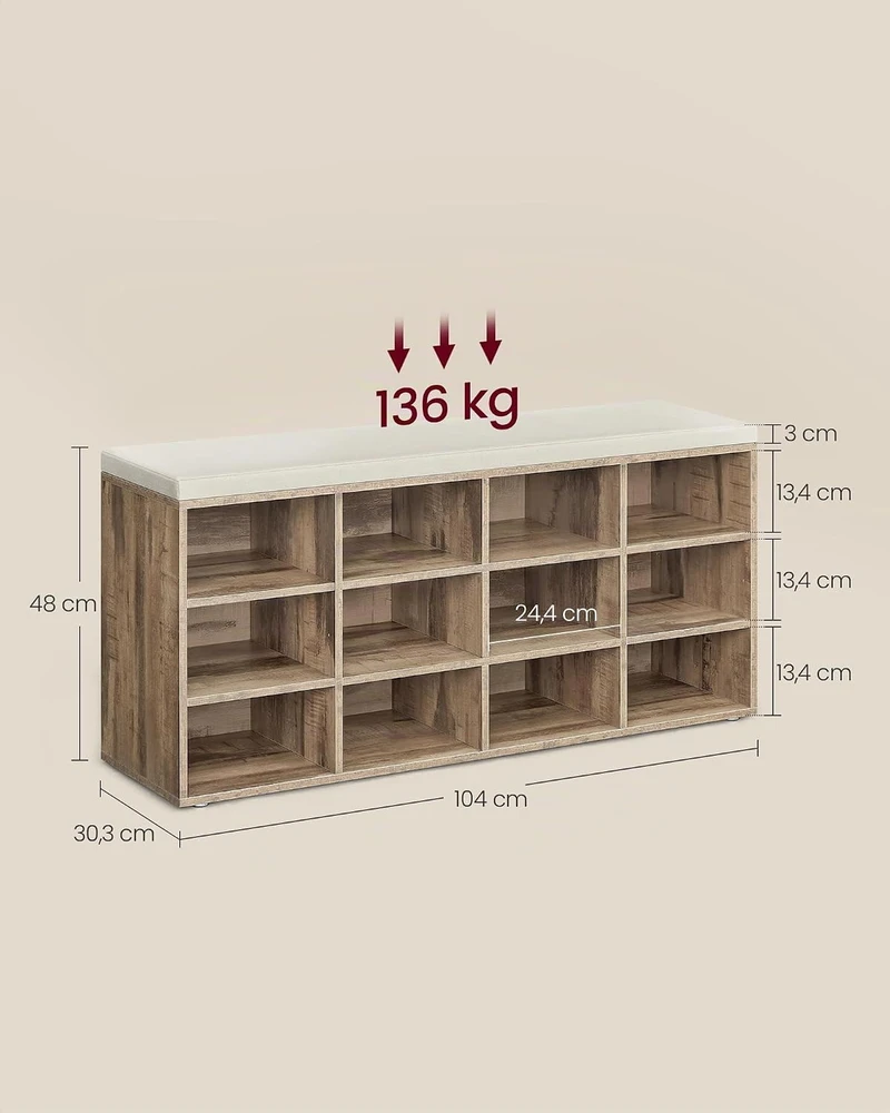 Vasagle Batų lentyna su sėdyne 30,3 x 104 x 48 cm kupranugario rudos spalvos