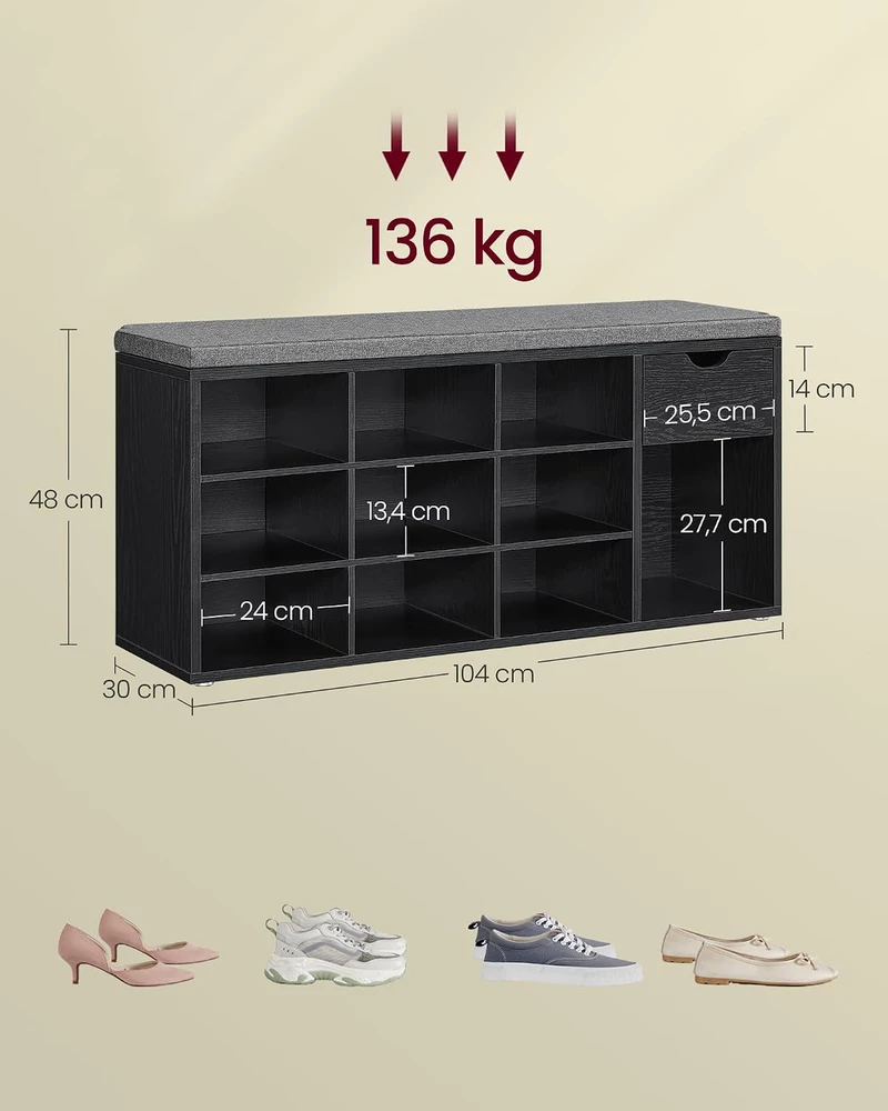 VASAGLE batų suoliukas su stalčiumi ir paminkštinta sėdyne 30 × 104 × 48 cm LHS024B02
