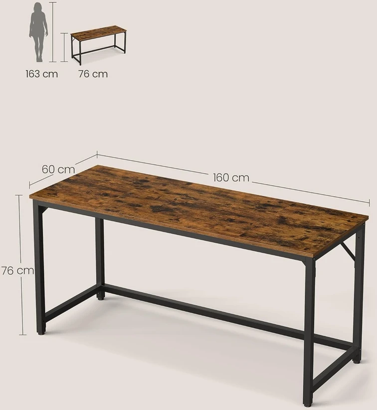 VASAGLE biuro stalas, 160x60 cm, metalinis rėmas, reguliuojamos kojelės, LWD121K01