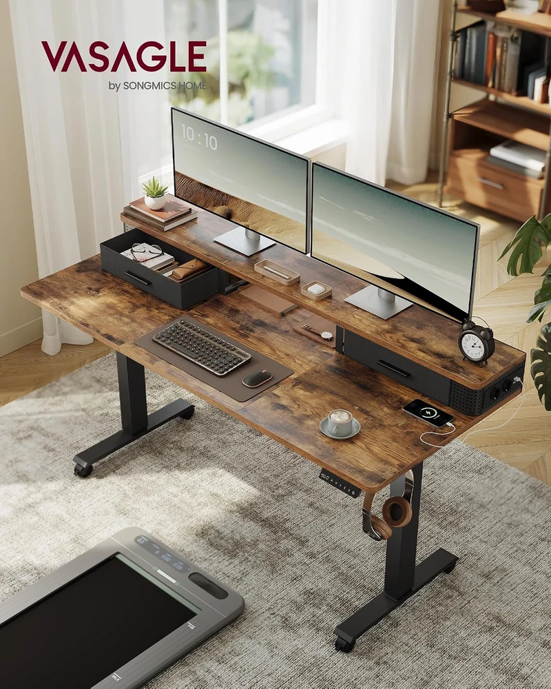 VASAGLE elektrinis reguliuojamo aukščio biuro stalas 140 x 60 cm su 4 stalčiais LSD184KD02