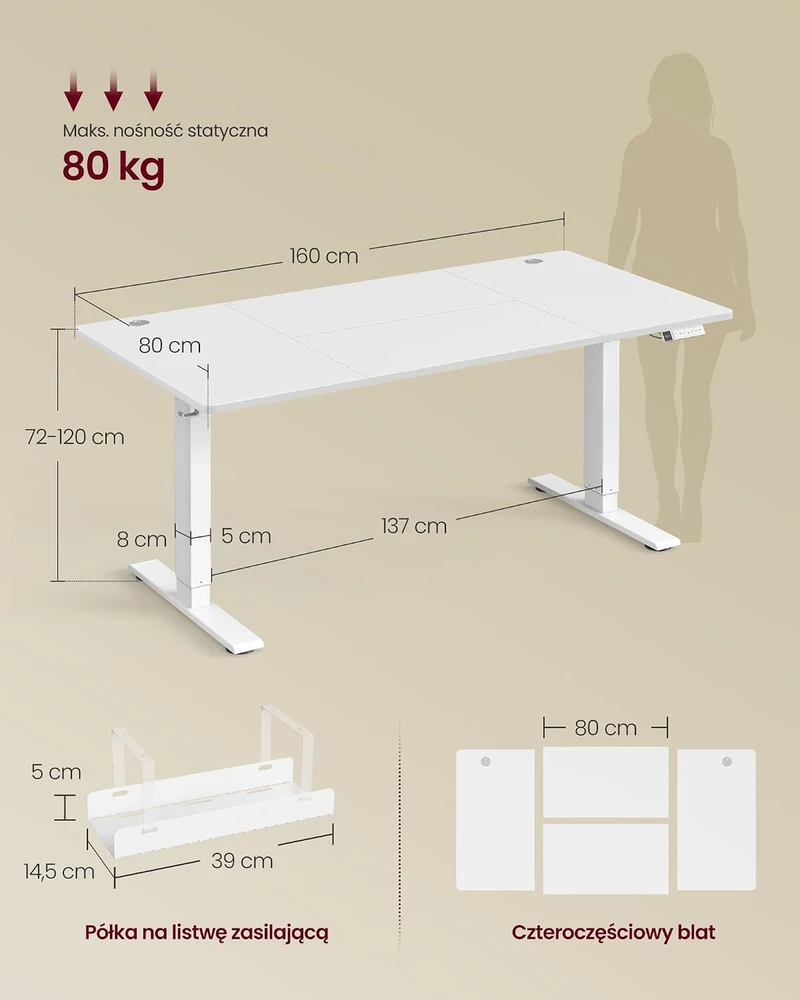 VASAGLE elektrinis reguliuojamo aukščio biuro stalas 160 x 80 cm su USB-C LSD146WZ02