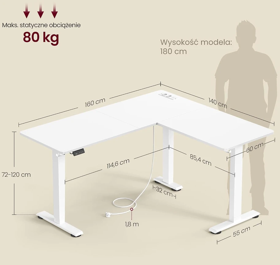 VASAGLE elektrinis reguliuojamo aukščio kampinis stalas 160 x 140 cm LSD264W01