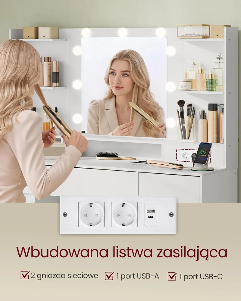 VASAGLE KAILYN tualetinis staliukas su LED veidrodžiu, 5 stalčiais ir įkrovimo stotele